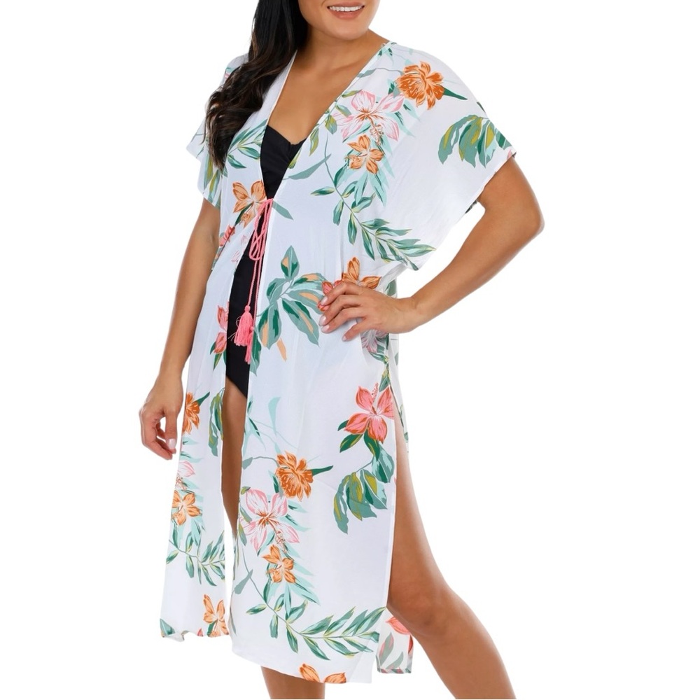 COVER2COVER Women’s Floral Print Tie Front Kimono Swimsuit Coverup NWT